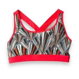 YAS Sports Bra Yasbeam Neon Red Grey White‎ Geometric Print Size S NWT
